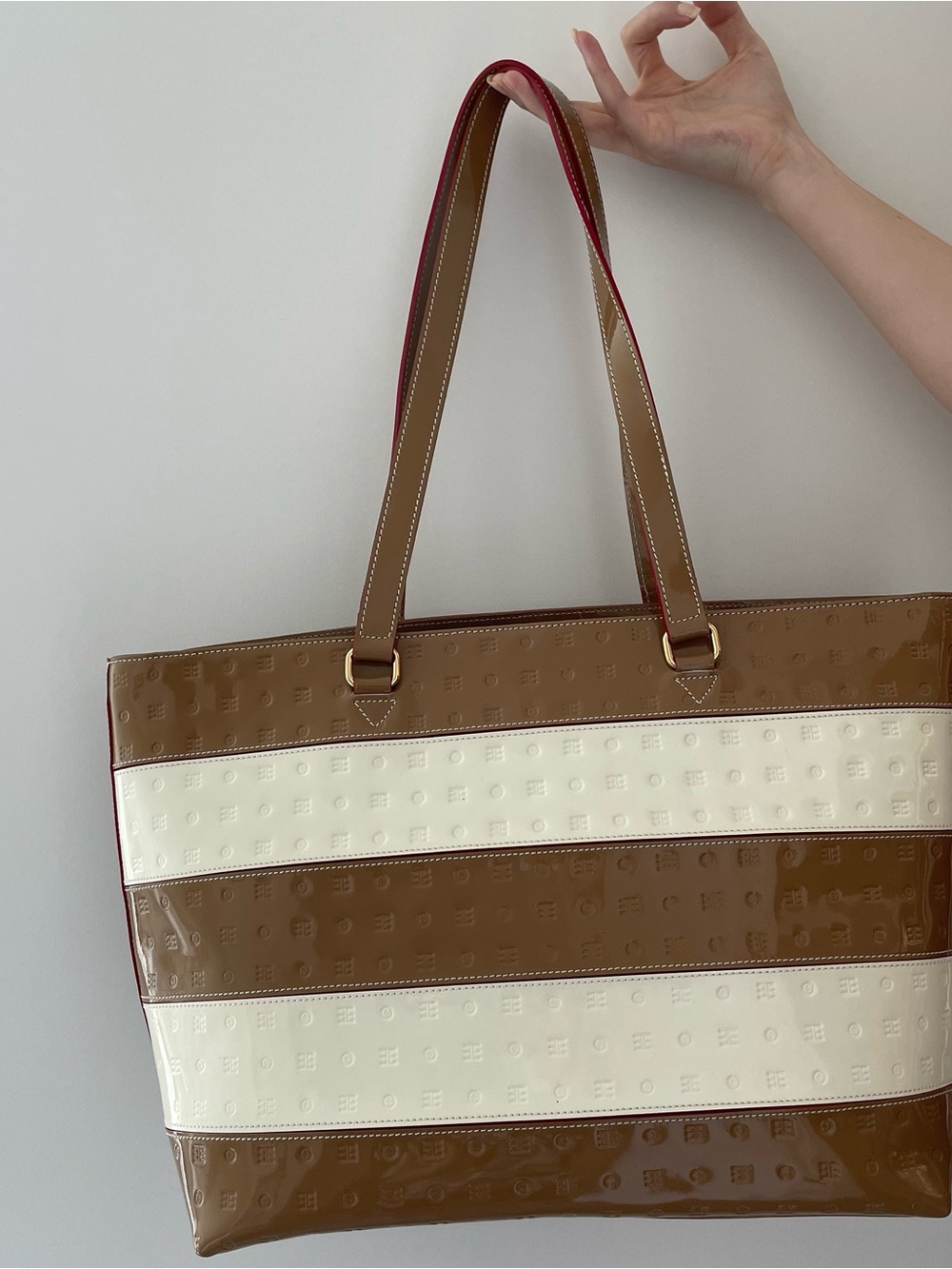 Arcadia Brown and Cream Striped Patent Shoulder Tote